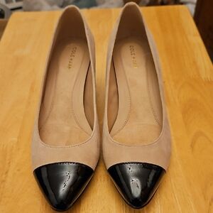 Cole Haan GO TO-BLOCK HEEL Tan Suede with Black Patent Cap Toe